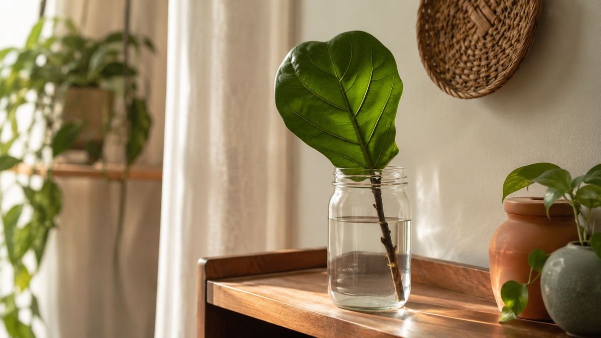 A fiddle leaf fig stem cutting in a tall jar of water