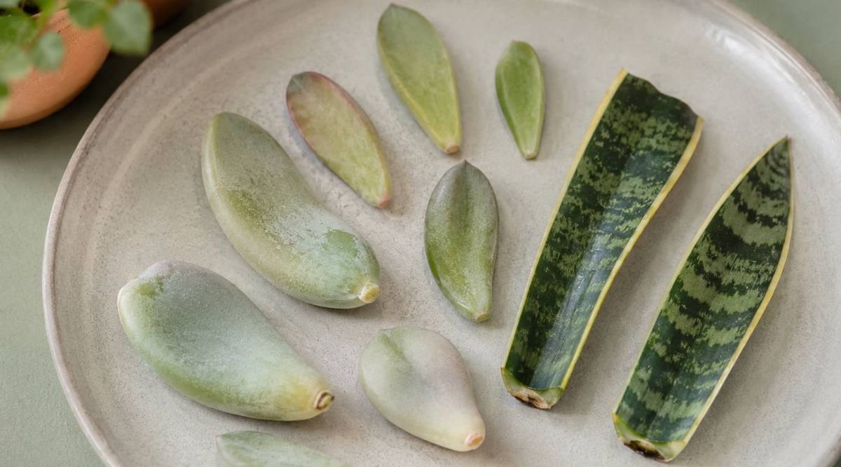 Succulent leaves and snake plant sections laid on a pale dish