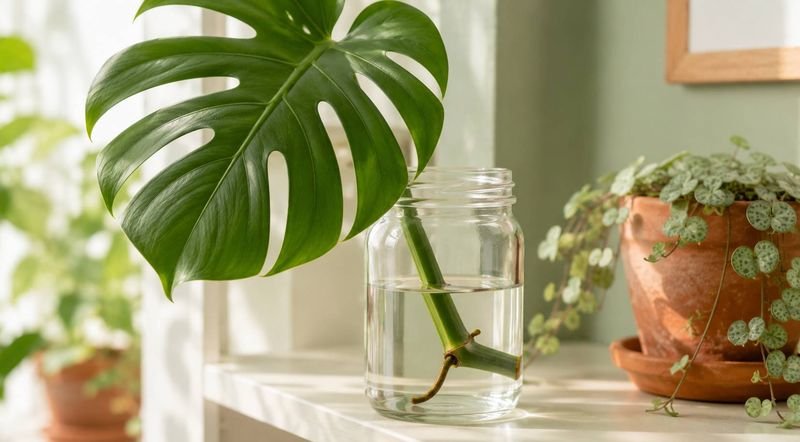 Monstera node cutting rooting in a glass jar