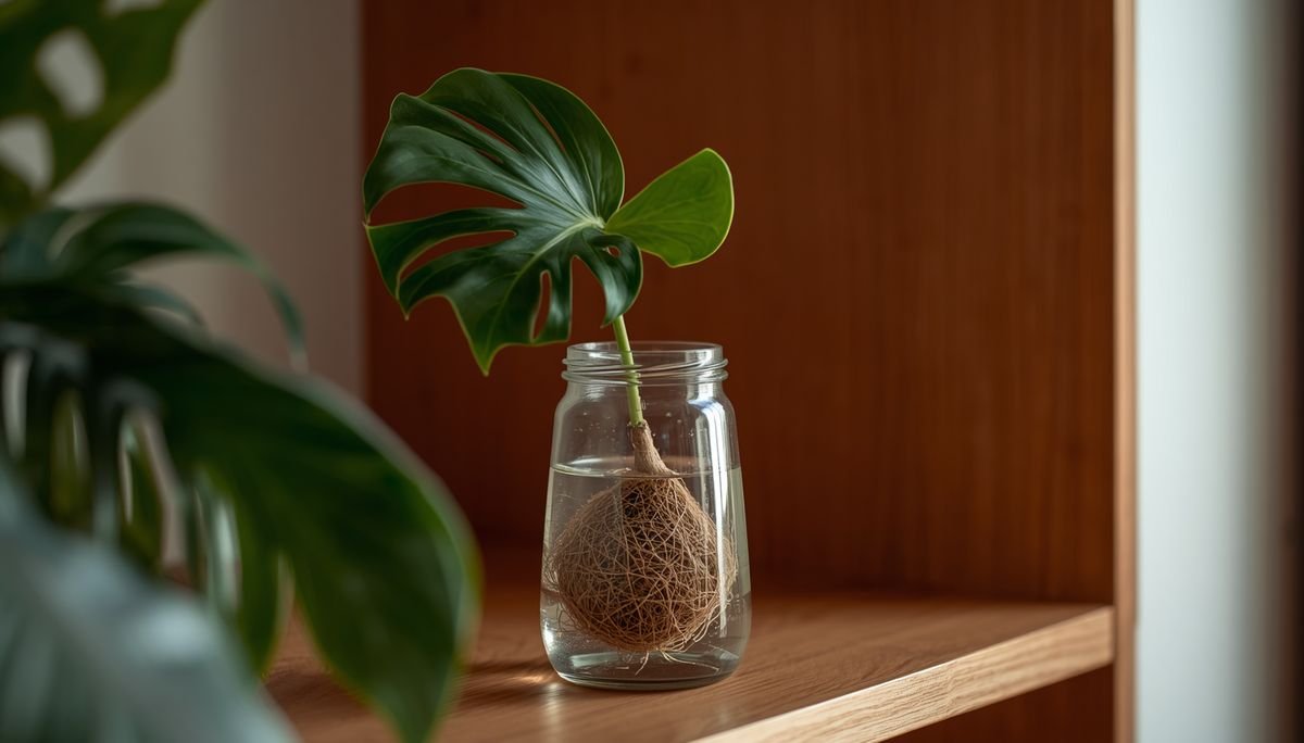 A monstera node cutting with an aerial root rooting in a jar on a shelf