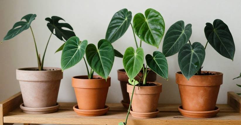 Several philodendron varieties with one vine being cut at a node