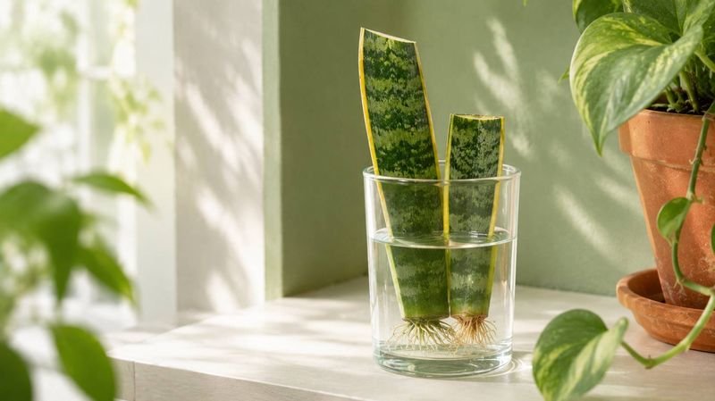 Snake plant leaf sections rooting in water