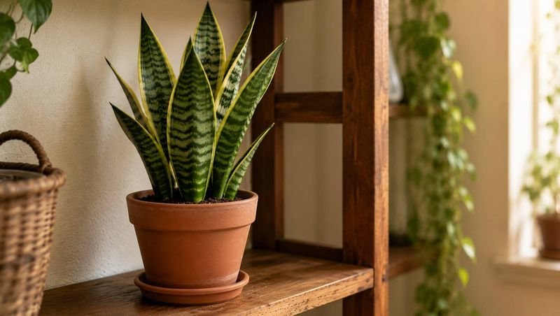 A potted snake plant with tall upright leaves