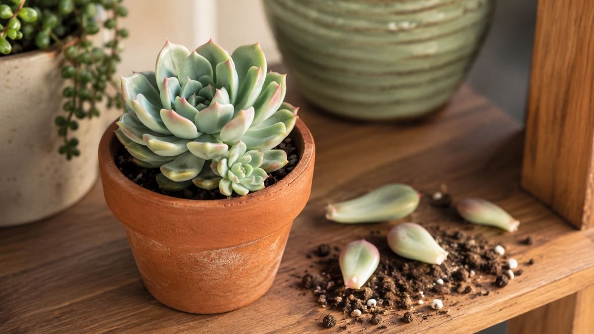 A succulent with leaves laid on soil and a pup at its base