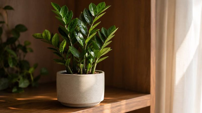 A potted ZZ plant with waxy leaves